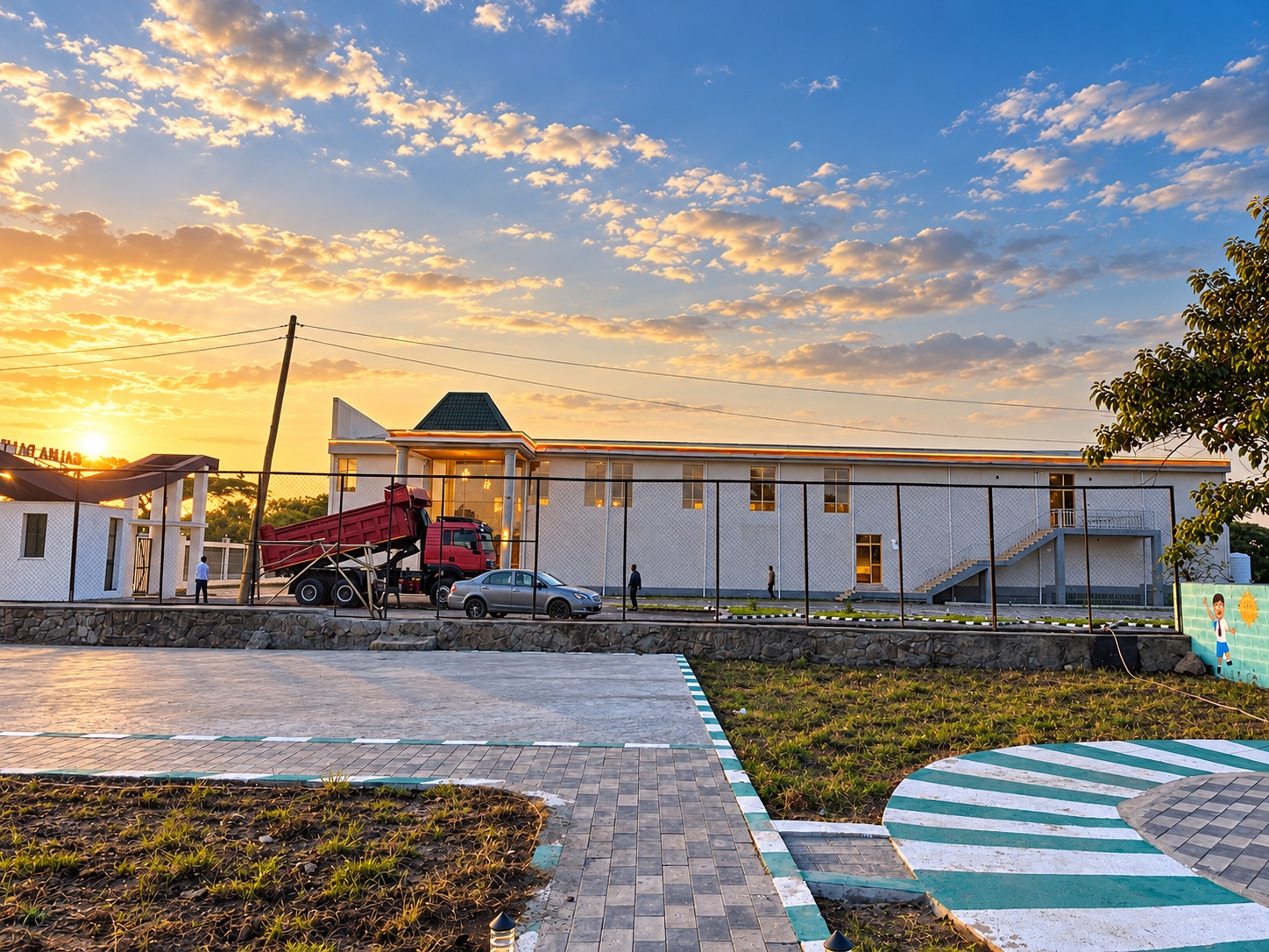 Completed institutional building exterior at sunset